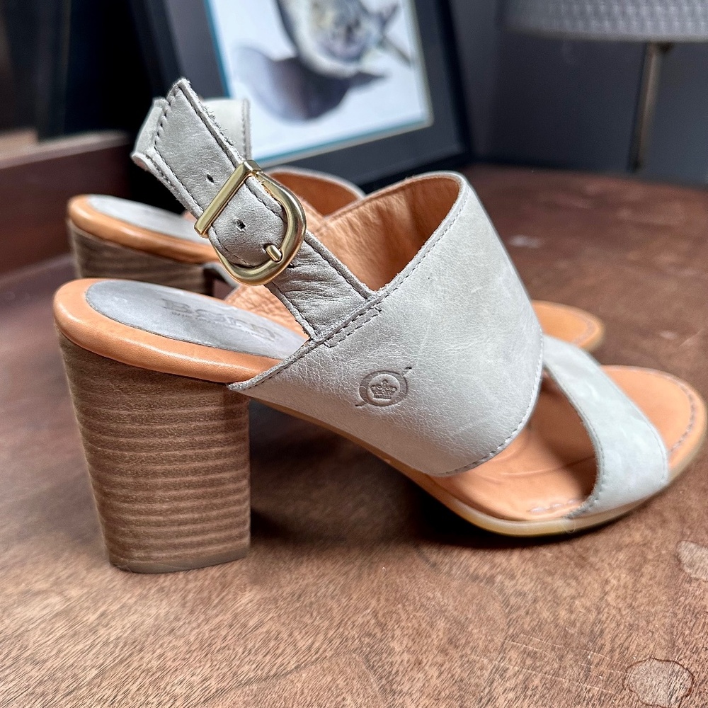 Born Holguin Sling Back Block Heel Leather Sandals in Dove Gray Size 9
